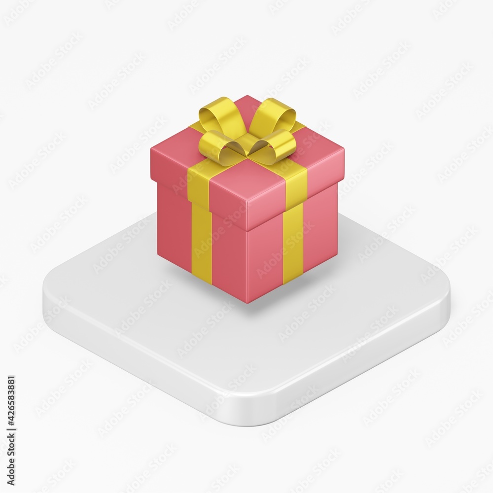 Red gift icon with a yellow bow. 3d rendering square button key isometric view, interface ui ux element. Red gift icon with a yellow bow. 3d rendering square button key isometric view, interface ui ux element.