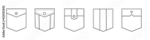 Patch pocket. Set of uniform patch pockets shapes for clothes, dress, shirt, casual denim style. Isolated icons.