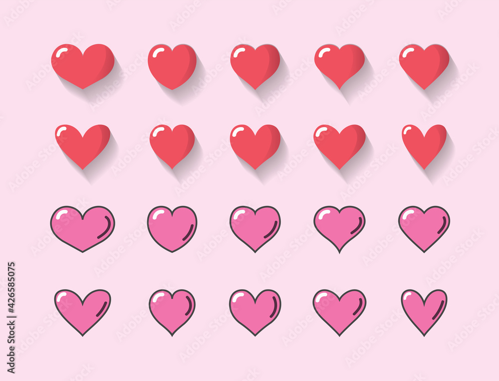 Set of red heart and pink heart with different shape.