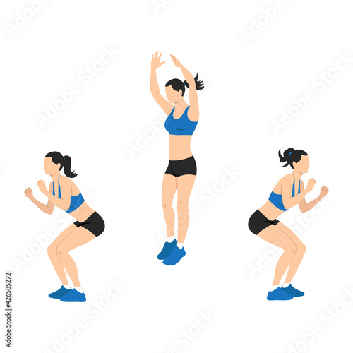 180 degree twisting jump squats. Sport exersice. vector of a woman doing exercise. Workout, training Vector illustration