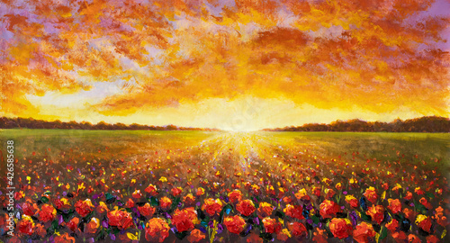 Fototapeta Naklejka Na Ścianę i Meble -  Panorama painting of rural landscape. Sunset dawn of sun over flower field oil painting with acrylic.