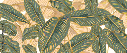 Green Tropical leaves background vector with golden line art texture. Luxury wallpaper design for prints, poster, cover, invitation, packaging design background, wall art and home decoration.