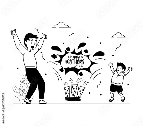 
A glyph line illustration of mother day celebration, party popper and confetti

