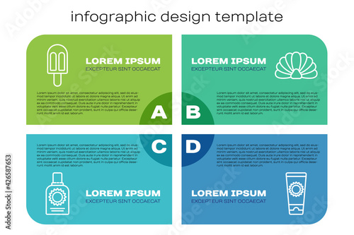 Set line Sunscreen spray bottle, Ice cream, Sunscreen cream in tube and Scallop sea shell. Business infographic template. Vector