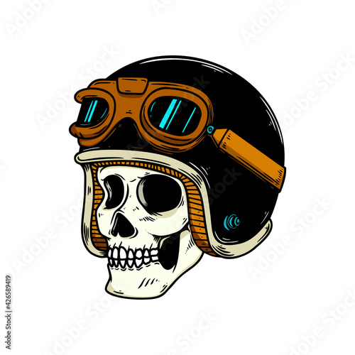 Illustration of skull in racer helmet. Design element for logo, label, sign, poster. Vector illustration