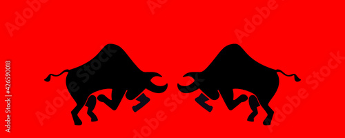 Stylized illustration of a bullfight. Silhouettes of bulls on a red background.