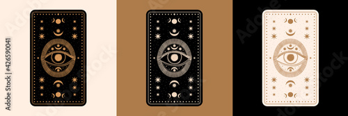Mystical tarot desk card.Occult esoteric vintage tarot card.Witch fortune telling template theme.