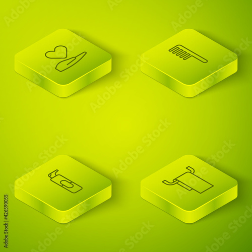 Set Isometric Hairbrush, Spray can for hairspray, Towel on hanger and Heart hand icon. Vector