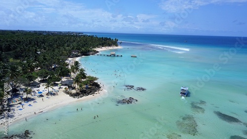 Fototapeta Naklejka Na Ścianę i Meble -  Aerial view of a white sand beach with palm trees in Tobago