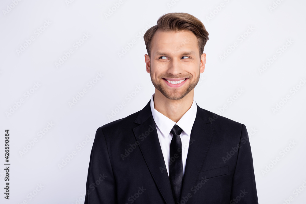 Photo portrait of smiling curious businessman in blazer shirt successful boss isolated on white color background Photo portrait of smiling curious businessman in blazer shirt successful boss isolated on white color background