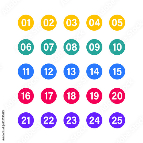 Numbers with long shadow on multicolored circles set. Vector flat illustration.