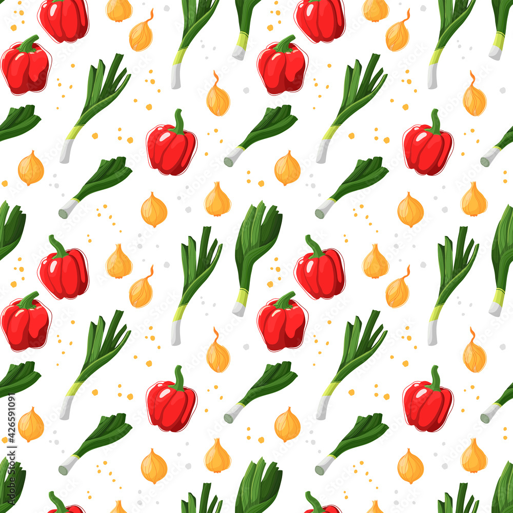 Seamless repeating pattern with red peppers, green leeks and yellow onions. Healthy vegan food. Vector illustration isolated on white background. Seamless repeating pattern with red peppers, green leeks and yellow onions. Healthy vegan food. Vector illustration isolated on white background.
