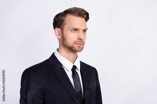 Side profile photo portrait of serious businessman wearing formalwear professional worker isolated on white color background