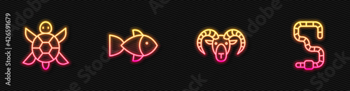 Set line Head of goat or ram, Turtle, Fish and Worm. Glowing neon icon. Vector