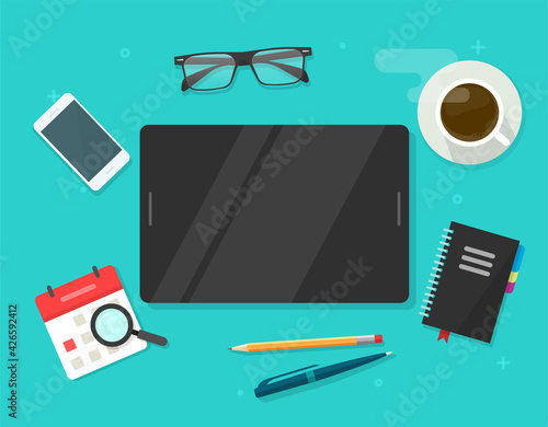 Digital tablet computer with blank empty screen template for copy space text on working table desk top view vector, from above workplace illustration flat cartoon, work place office modern design