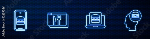 Set line Online ordering burger delivery, and, and . Glowing neon icon on brick wall. Vector