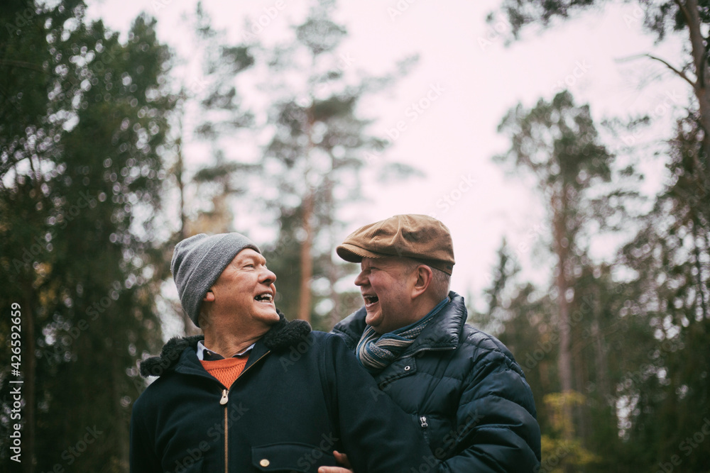 Cheerful homosexual couple in forest Cheerful homosexual couple in forest