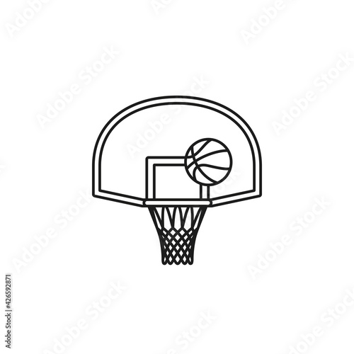 Basketball backboard, hoop and ball vector line icon