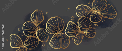 Gold abstract flower line arts background vector. Luxury wall paper design for prints, wall arts and home decoration, cover and packaging design.