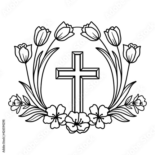 Religious wreath with cross, Vector Flower Cross, Faith Cross