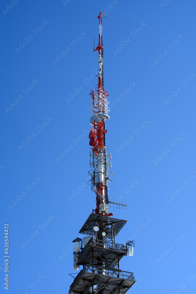 Transmission tower with viewpoint platform at mountain named Bachtel at Zürcher Oberland (Zurich Highlands). Photo taken April 8th, 2021, Bachtel, Switzerland.