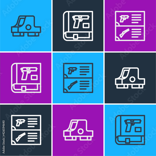 Set line Collimator sight, Weapon catalog and Book with pistol gun icon. Vector