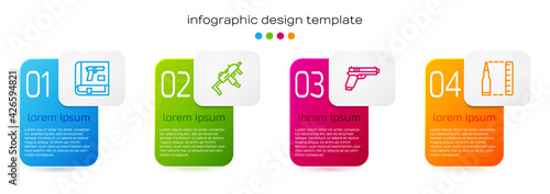 Set line Book with pistol or gun, MP9I submachine, Pistol and Bullet. Business infographic template. Vector