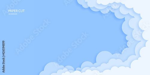 Beautiful blue sky with 3d fluffy clouds. Greeting card, background, banner, frame, tourism concept, poster. Paper cut out art digital craft style. Vector illustration.