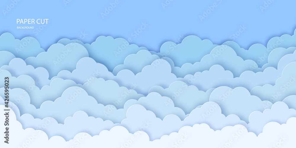 Naklejka 3d clouds on blue sky background in paper cut style.