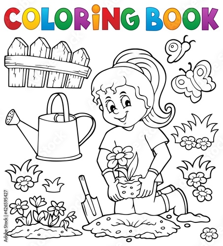 Coloring book girl gardener theme set 1