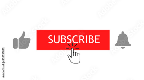 Clicking the mouse cursor on the like, subscribe and bell buttons. Subscribe to a channel or blog. Marketing. Vector illustration