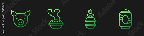 Set line Camping gas stove, Pig, Homemade pie and Soda can. Gradient color icons. Vector