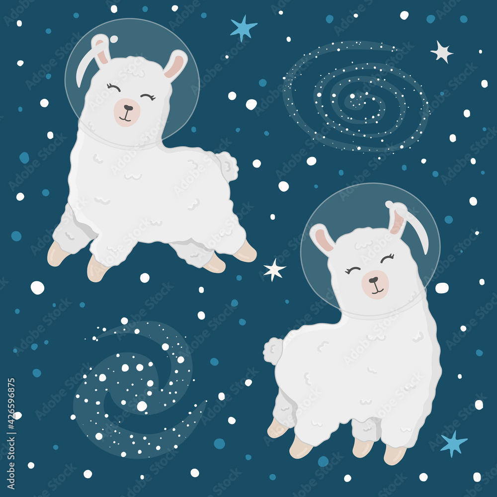Fototapeta premium Illustration with cute alpaca astronauts on starry space background. Perfect for posters, greeting cards and other design. Cute llama