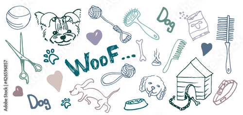 Funny dog doodles on the theme of grooming and grooming. Scandinavian illustration with dogs, paws, bone, dog collar, doghouse, dog bowl on a white background. Ideal for wallpaper, packaging, textiles