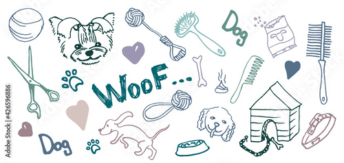 Funny dog doodles on the theme of grooming and grooming. Scandinavian illustration with dogs  paws  bone  dog collar  doghouse  dog bowl on a white background. Ideal for wallpaper  packaging  textiles