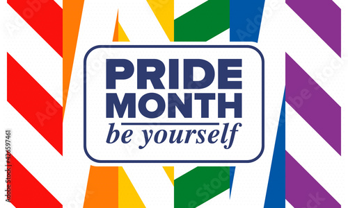 LGBTQIA Pride Month in June. Lesbian Gay Bisexual Transgender. Celebrated annual. LGBT flag. Rainbow love concept. Human rights and tolerance. Poster, card, banner and background. Vector illustration