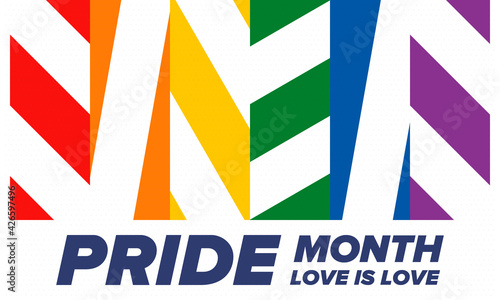 LGBTQIA Pride Month in June. Lesbian Gay Bisexual Transgender. Celebrated annual. LGBT flag. Rainbow love concept. Human rights and tolerance. Poster, card, banner and background. Vector illustration