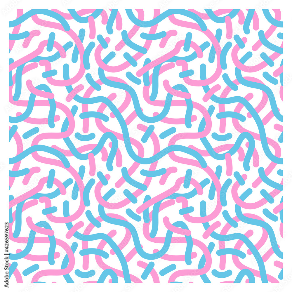 Pattern of blue and pink lines of scrawl. Repeating texture. Figure for textiles.