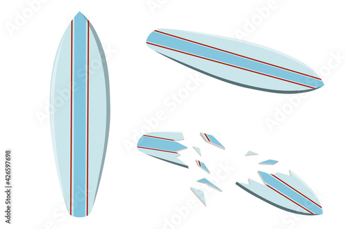 Vector illustration of a colored surfboard. Surfboard crashed. Marine extreme sport. Isolated illustration on a white background