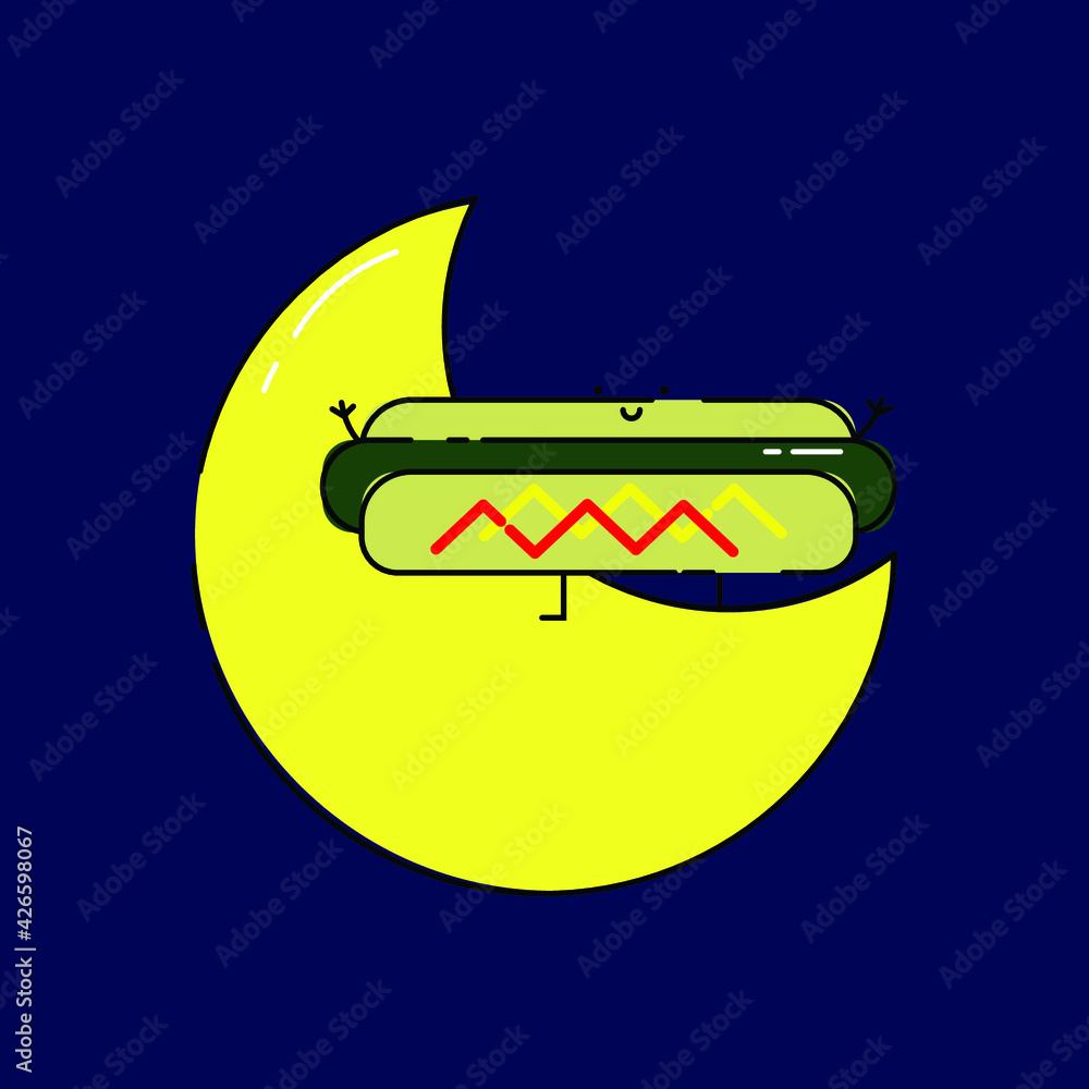 Cute hotdog on crescent moon Illustration. modern simple vector icon, flat graphic symbol in trendy flat design style. wallpaper. lockscreen. pattern. frame, background, backdrop, sign, logo. Cute hotdog on crescent moon Illustration. modern simple vector icon, flat graphic symbol in trendy flat design style. wallpaper. lockscreen. pattern. frame, background, backdrop, sign, logo.
