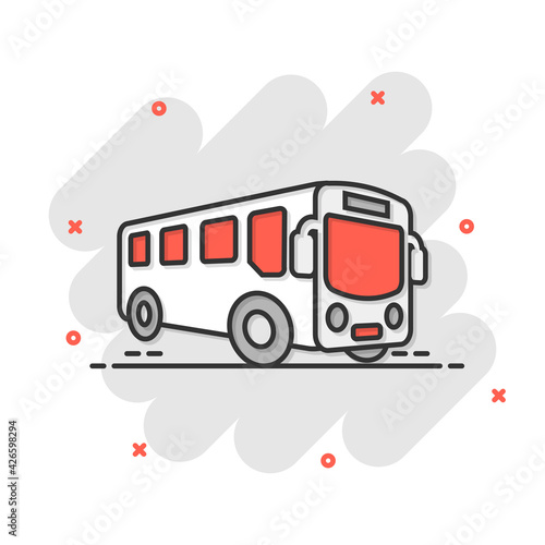 School bus icon in comic style. Autobus vector cartoon illustration on white isolated background. Coach transport business concept splash effect.