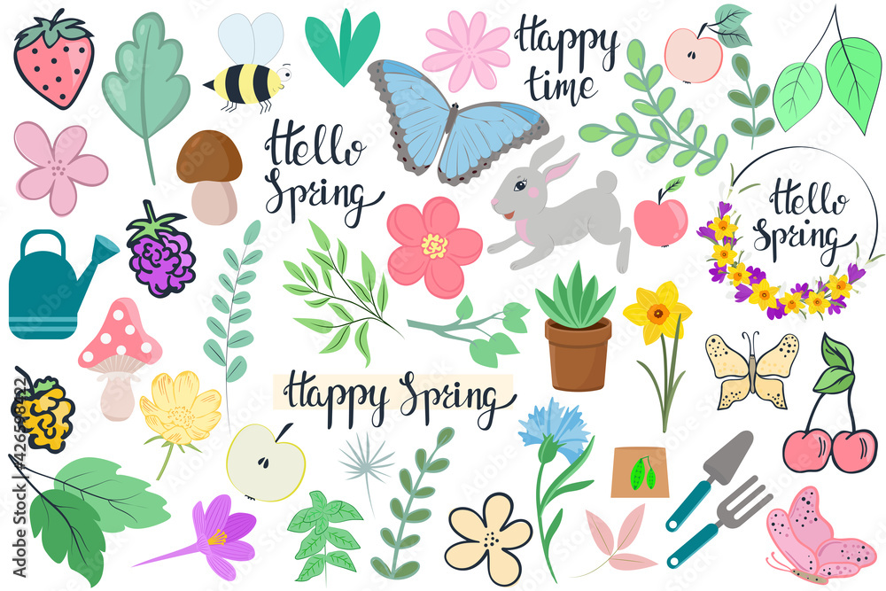 Spring or summer set of hand drawn elements. Flowers and leaves, fruits and berries. Objects of nature and the environment. Vector collection of various design elements.