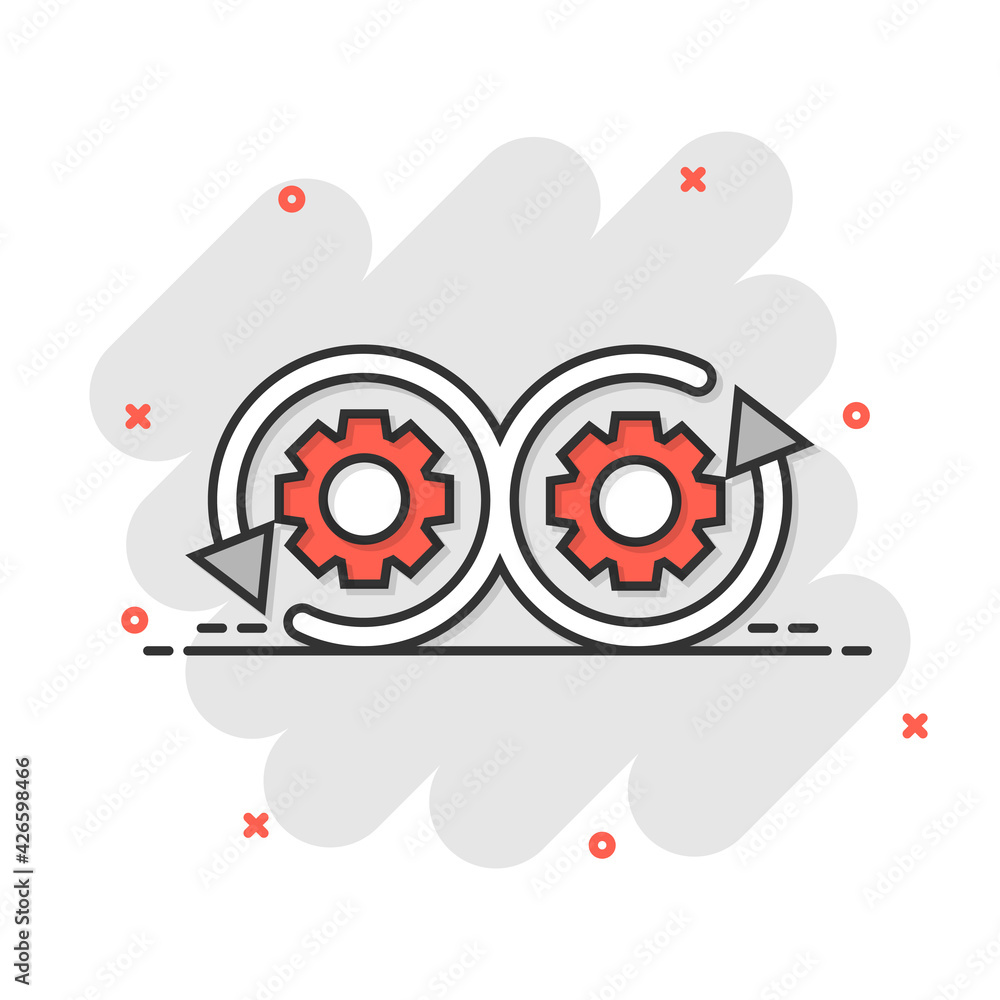 Development icon in comic style. Devops vector cartoon illustration on white isolated background. Cog with arrow business concept splash effect.