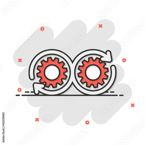 Development icon in comic style. Devops vector cartoon illustration on white isolated background. Cog with arrow business concept splash effect.