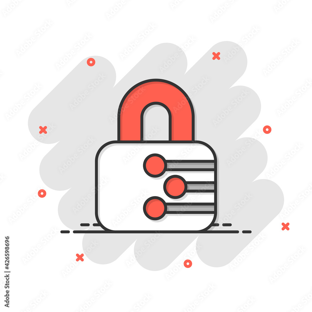 Cyber security icon in comic style. Padlock locked vector cartoon illustration on white isolated background. Closed password business concept splash effect. Cyber security icon in comic style. Padlock locked vector cartoon illustration on white isolated background. Closed password business concept splash effect.