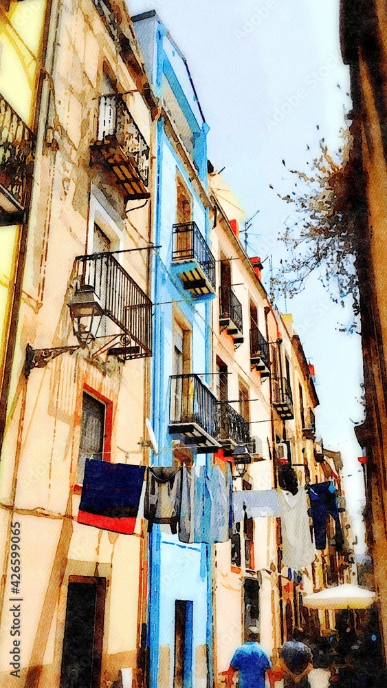 A glimpse of the traditional colorful buildings in a small town near the sea in Sardinia.