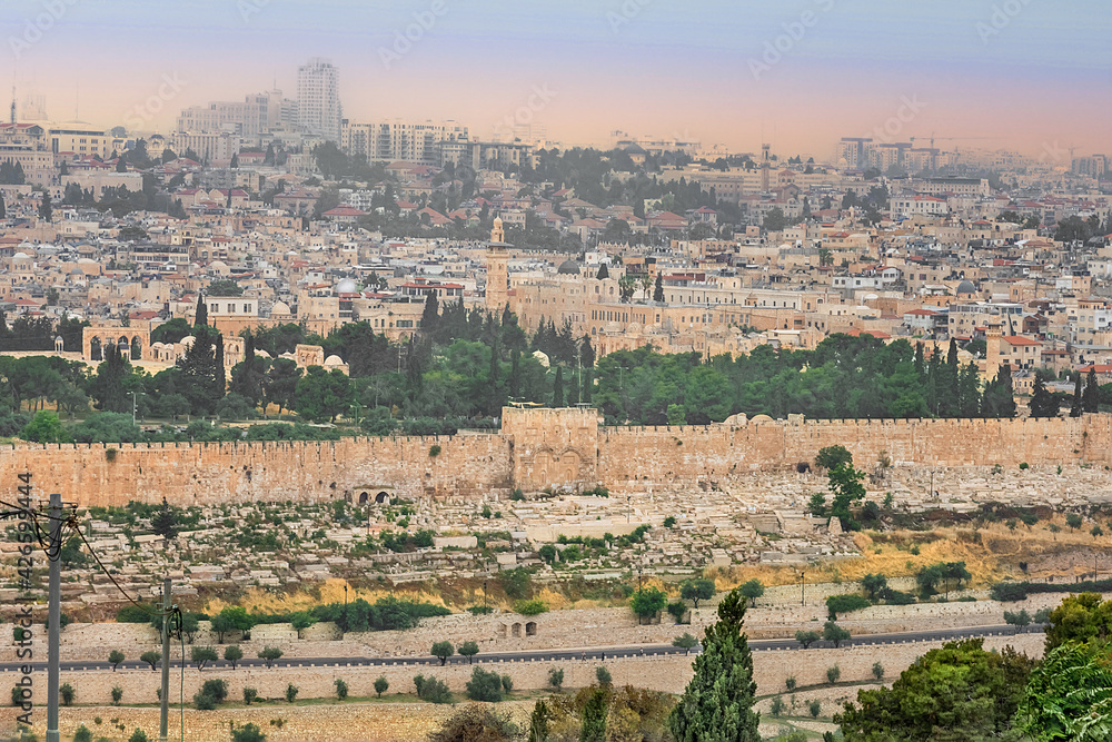 Panorama of the old city Jerusalem and monumental defensive walls