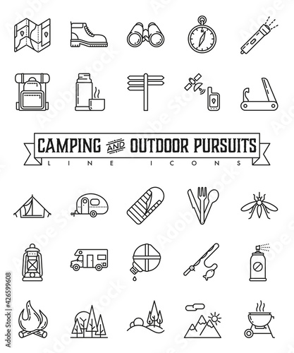 Camping and outdoor pursuits vector line icons collection. Set of 25 outline symbols of hiking and travelling equipment and concepts.
