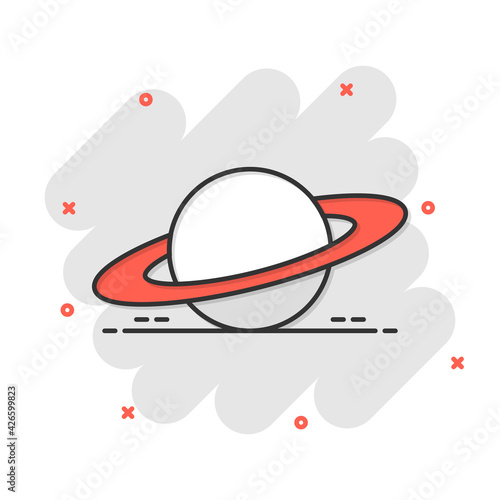 Saturn icon in comic style. Planet vector cartoon illustration on white isolated background. Galaxy space business concept splash effect.