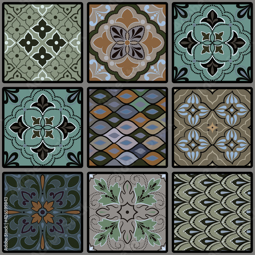 Colorful floral seamless hand drawn ornamental east pattern in patchwork boho chic style from squares, in portuguese and moroccan motif
